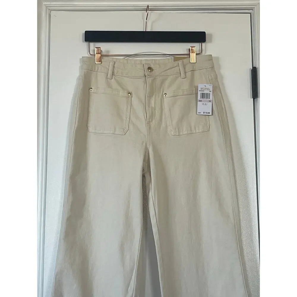 MICHAEL KORS SELMA FLARE COTTON HIGH RISE DENIM JEANS CREAM 10